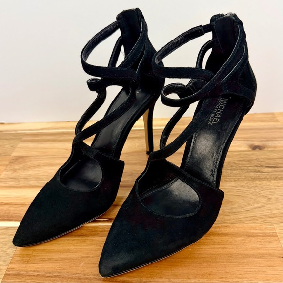Michael Kors Shoes - Michael Kors Black Suede Strappy Stiletto Heels Zip Ankle Strap Womens 5.5M